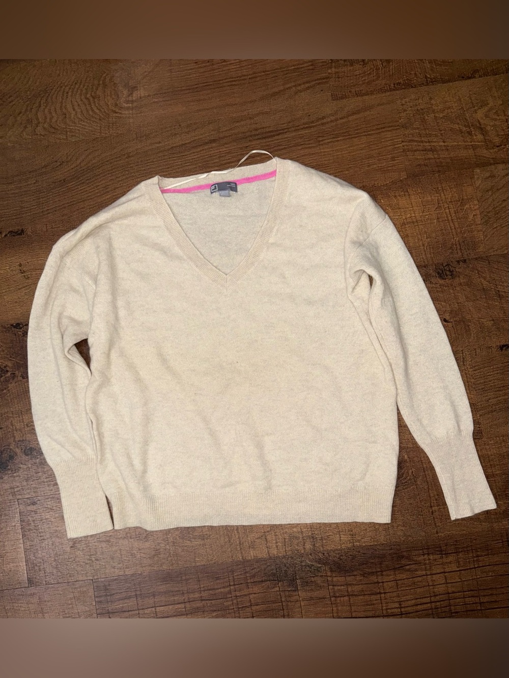 jcpenney Cashmere Women's V-Neck Sweater in Cream with Pink Neck Trim